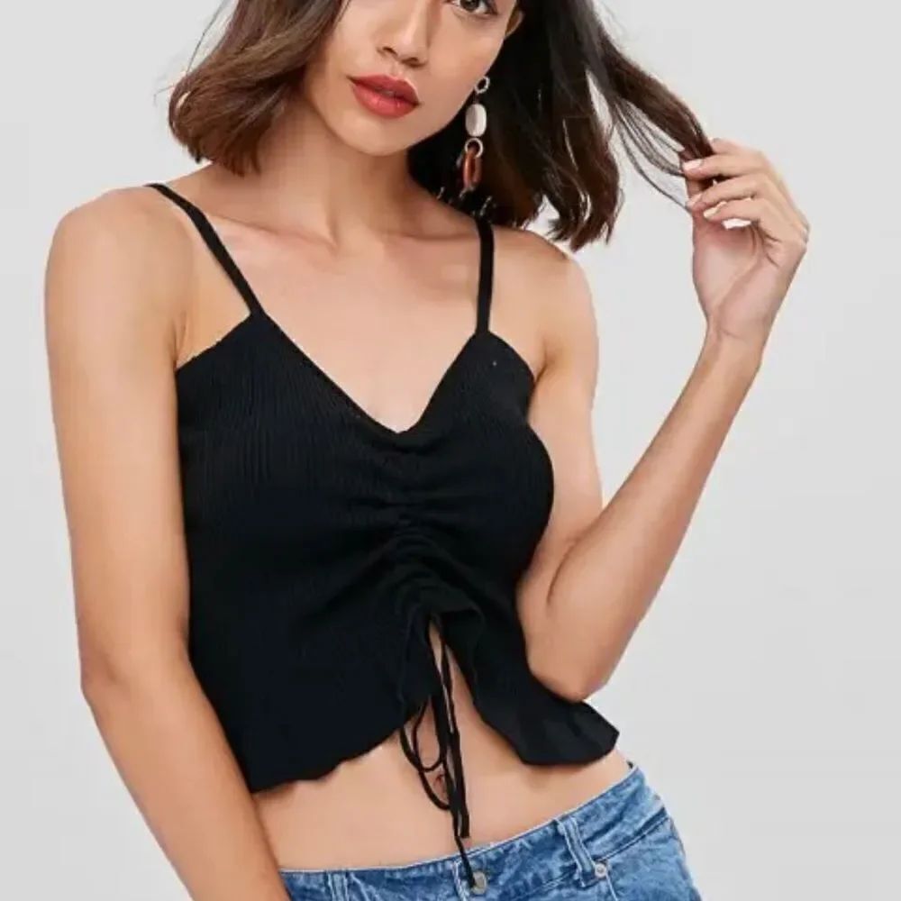 NWT YMI collection Sz M  Black Ribbed Ruched Drawstring Cami Crop Cropped Top